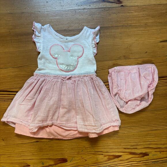 Disney Minnie Mouse gray pink short flutter sleeve dress with bloomers SIZE 18M - Picture 1 of 5